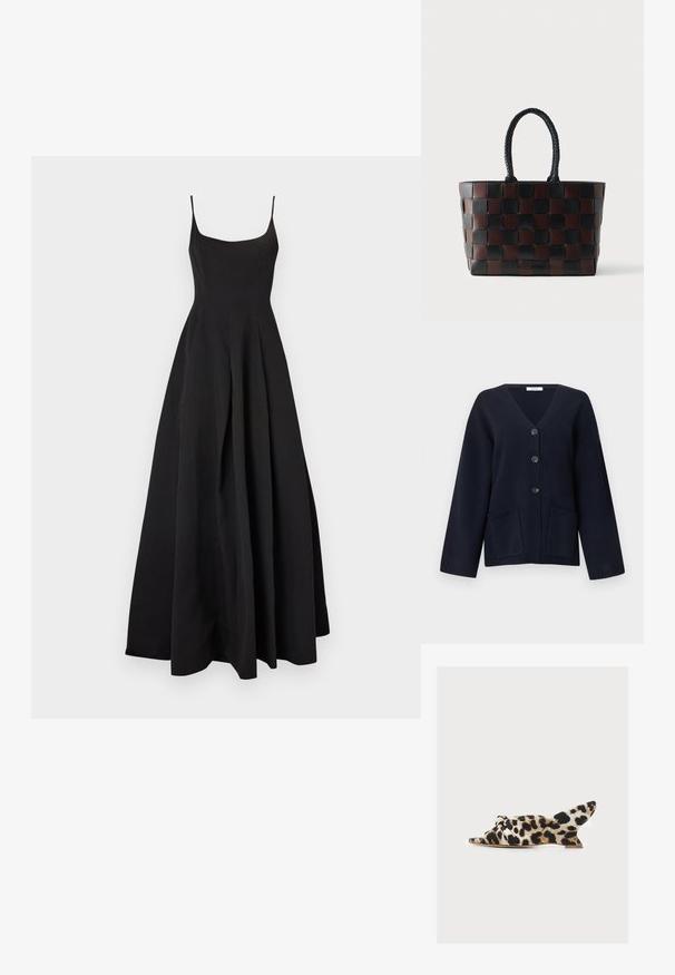 Cardigan noir à col en V avec trois boutons sur le devant, deux poches plaquées avant, manches longues, poignets et ourlet côtelés.; Robe noire sans manches avec un corsage ajusté et une jupe évasée. Fabriquée en tissu lisse, présentant une silhouette classique et un design minimaliste.; Mule à bout ouvert avec talon compensé bas et empeigne nouée en imprimé léopard sur fond clair.; Sac fourre-tout tissé en cuir marron foncé et noir, doté de poignées tressées et d'un motif carré, avec une forme structurée et une texture lisse.