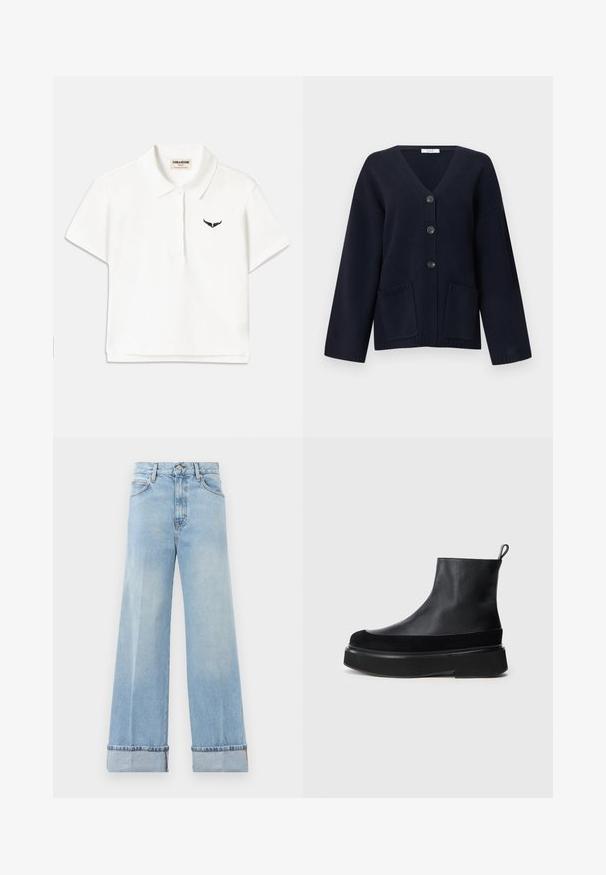 Cardigan noir à col en V avec trois boutons sur le devant, deux poches plaquées avant, manches longues, poignets et ourlet côtelés.; T-shirt polo blanc à manches courtes, présentant un logo d'aile noir sur la poitrine gauche et un col classique. Tissu doux.; Jeans évasés bleu clair en denim, dotés d'une taille haute, d'ourlets retroussés et d'un design classique à cinq poches. Finition nette avec un minimalisme dans les dégradés.; Bottines en cuir noir avec une semelle épaisse et un tirant à l'arrière sur fond blanc.