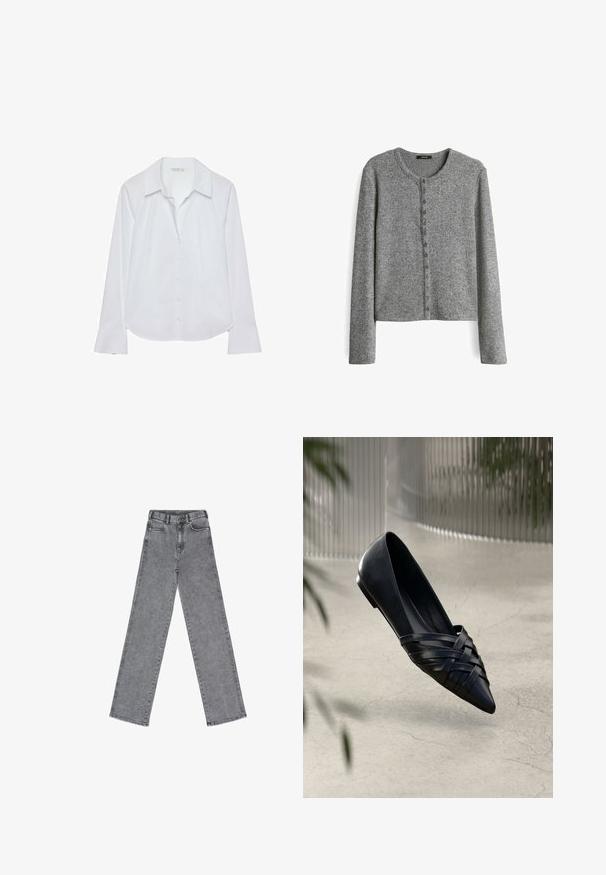 Cardigan en tricot gris avec des manches longues, un col rond et une fermeture à boutons sur le devant. Le tissu présente un motif texturé.; Chemise blanche à manches longues avec un col classique, une fermeture boutonnée sur le devant et des poignets légèrement évasés, confectionnée dans un tissu lisse avec un léger éclat.; Jean en denim gris à taille haute, jambes larges et design à cinq poches. Le tissu a une texture lisse et une couture minimaliste.; Ballerine en cuir noir avec un design de bande tressée, bout pointu et finition brillante. Légère avec un petit talon, sur un fond neutre.
