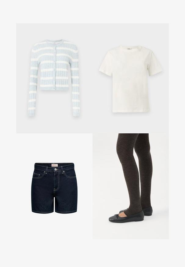 Lyseblå cropped cardigan med hvide vandrette striber, der har ribbet tekstur, lange ærmer og seks runde knapper ned foran.; Almindelig hvid bomulds T-shirt med korte ærmer og rund halsudskæring, vist på en neutral lys grå baggrund.; Mørkeblå denimshorts med en tætsiddende pasform, fem lommer, gyldne syninger og lukning med knap foran. Materialet har en glat tekstur.; Ben iført mørke ribbede leggings kombineret med sorte balletsko med små sløjfedetaljer på hvid baggrund.