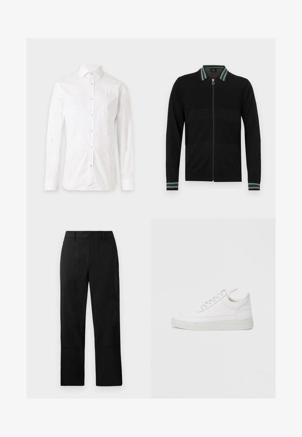 Sort cardigan med lynlås, med en kontrastfuld stribet krave og manchetter. Har et tekstureret mønster over stoffet. Lange ærmer.; Hvid langærmet skjorte med knapper og krave, vist på en ensfarvet lys baggrund.; Sorte bukser lavet af et glat stof, med flad front, to forlommer og lige ben med diskrete syninger detaljer.; Hvid lædersneaker med rundet tå, flad sål og snørebånd foran. Har syningsdetaljer og polstret krave for komfort.