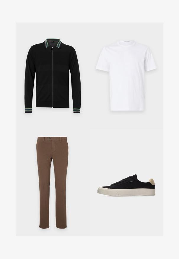 Sort cardigan med lynlås, med en kontrastfuld stribet krave og manchetter. Har et tekstureret mønster over stoffet. Lange ærmer.; Hvid bomulds t-shirt med rund halsudskæring og korte ærmer. Glat tekstur, lige snit og minimalistisk design uden mønstre eller accenter.; Brune bomuldsbukser med lige ben, der har en frontlynlås og knaplukning, bæltestropper og ingen synlige mønstre eller accenter.; Sort lavsko med beige hælkappe, tyk hvid gummisål, sorte snørebånd og lille "PS Paul Smith" mærke på siden.