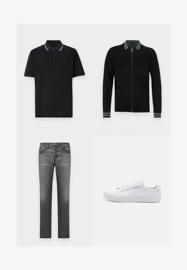 Cárdigan negro con cremallera y cuello y puños a rayas contrastantes. Presenta un patrón texturizado en toda la tela. Mangas largas.; Camiseta polo negra de algodón, con una tapeta de tres botones, rayas de contraste en el cuello y un logotipo sutil en el pecho.; Jeans de denim gris oscuro con un diseño de pierna recta, cinco bolsillos, un leve desvanecimiento y detalles de costura a lo largo de las costuras.; Zapatillas deportivas de cuero blanco con un acabado suave, diseño bajo, punta redonda y suela plana de goma. Con cordones planos y un branding mínimo.