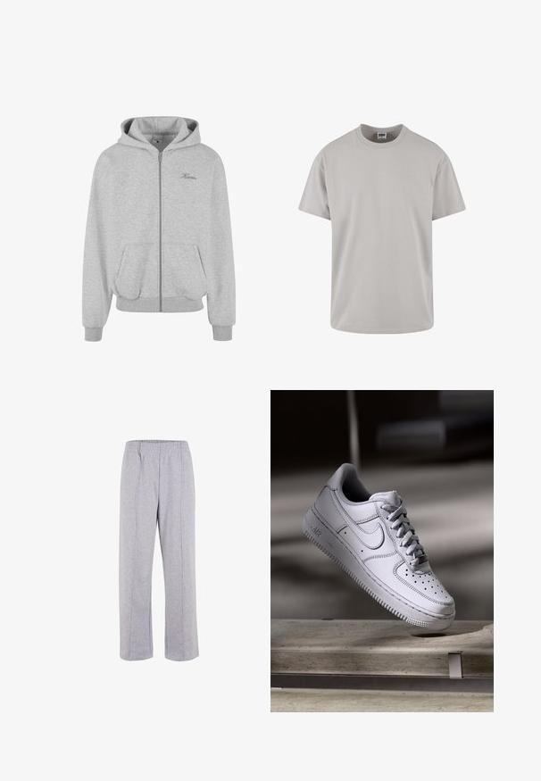 Sudadera con cremallera en gris, confeccionada en una tela suave, que cuenta con una capucha forrada, dos bolsillos frontales, puños y dobladillo acanalados, y un pequeño logo en el pecho.; Camiseta de algodón gris claro, de manga corta, cuello redondo, corte relajado, textura suave, sin patrones ni gráficos visibles. Diseño limpio.; Pantalones de chándal de algodón ligero en color gris, con cintura elástica, piernas rectas y costuras visibles. Sin bolsillos ni adornos.; Zapatilla Nike Air Force 1 de cuero blanco que presenta una puntera perforada, cordones planos y una suela de goma texturizada con la marca "AIR" en el lateral.