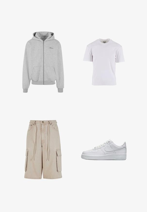 Sudadera con cremallera en gris, confeccionada en una tela suave, que cuenta con una capucha forrada, dos bolsillos frontales, puños y dobladillo acanalados, y un pequeño logo en el pecho.; Camiseta básica blanca de manga corta y cuello redondo sobre fondo blanco, mostrando vista frontal con etiqueta visible en el interior del cuello.; Pantalones cortos cargo beige de algodón con cintura con cordón, dos bolsillos laterales y un bolsillo lateral adicional, que presentan detalles de costura visibles.; Zapatilla Nike Air Force 1 de perfil bajo completamente blanca, con puntera perforada, cierre de cordones y el logo de Nike en relieve en el lateral.