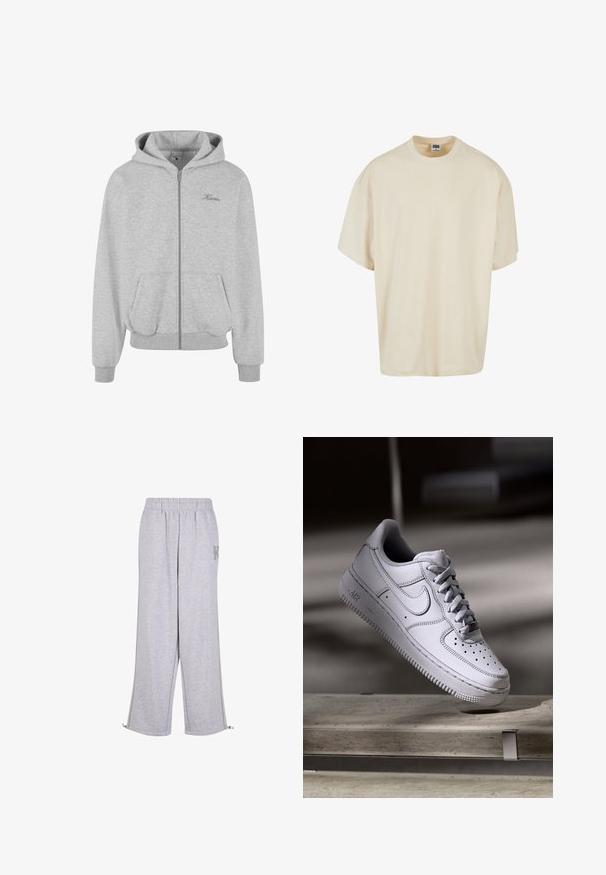 Sudadera con cremallera en gris, confeccionada en una tela suave, que cuenta con una capucha forrada, dos bolsillos frontales, puños y dobladillo acanalados, y un pequeño logo en el pecho.; Camiseta de manga corta color crema con un corte relajado y escote redondo; hecha de algodón suave, con detalles de costura sutiles.; Karl Kani Pantalones deportivos - grey; Zapatilla Nike Air Force 1 de cuero blanco que presenta una puntera perforada, cordones planos y una suela de goma texturizada con la marca "AIR" en el lateral.