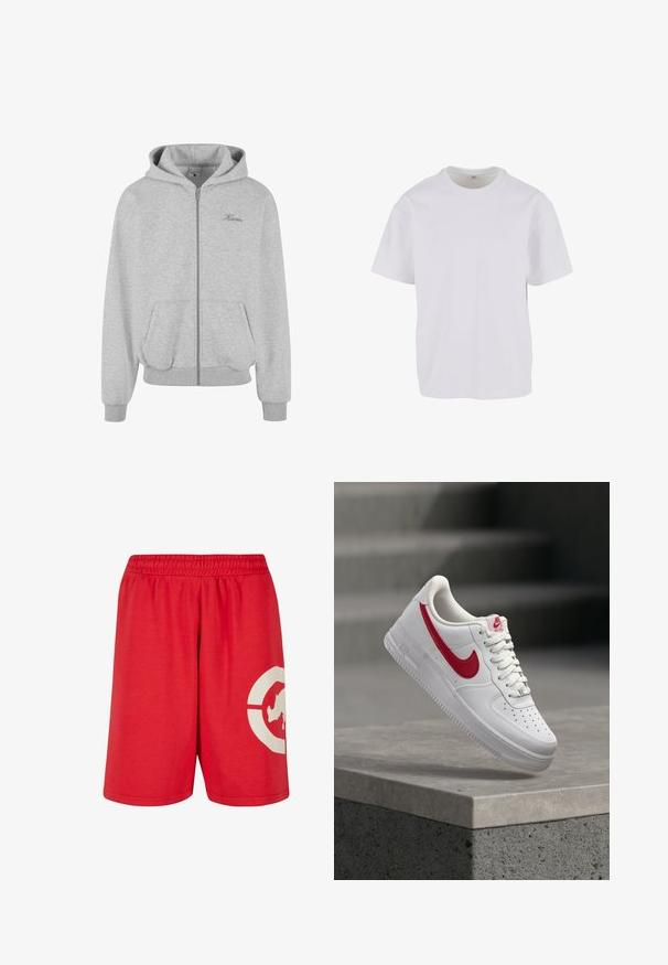 Sudadera con cremallera en gris, confeccionada en una tela suave, que cuenta con una capucha forrada, dos bolsillos frontales, puños y dobladillo acanalados, y un pequeño logo en el pecho.; Camiseta blanca de manga corta hecha de algodón suave, con un cuello redondo y un corte relajado con dobladillo recto. Sin patrones ni acentos visibles.; Pantalones cortos de algodón rojos con una cinturilla elástica, que presentan un gran diseño gráfico blanco en la pierna izquierda y una textura suave.; Zapatilla blanca Nike Air Force 1 con logo rojo swoosh, flotando sobre un saliente de concreto y escaleras al fondo.