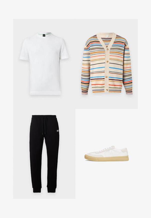 Cardigan beige en maille avec des rayures horizontales multicolores, col en V, boutons sur le devant et poignets et ourlet côtelés.; T-shirt blanc à manches courtes et col rond avec un logo discret "BOSS" sur la poitrine et un détail vert à l'intérieur du col, sur un fond uni.; Un pantalon de jogging en coton noir avec une taille élastique et un cordon de serrage ajustable. Petit logo blanc imprimé à l'avant. Poignets côtelés aux chevilles.; Baskets blanches en cuir et daim, avec un design à lacets, une semelle en caoutchouc beige et un petit logo sur le côté.