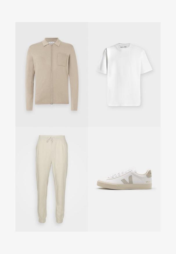 Cardigan beige zippé avec manches longues, col et poche frontale. Fabriqué en matériau tricoté doux, avec une texture lisse et un design minimaliste.; T-shirt blanc uni à manches courtes et col rond, posé à plat sur un fond gris clair avec une petite étiquette de marque à l’intérieur du col.; Jogging en lin beige avec une taille élastique et un cordon de serrage ajustable, présentant des poignets élastiques et une coupe relaxée. Texture lisse.; Baskets en cuir blanc avec des accents beiges, semelle plate en caoutchouc, bout rond et logo contrastant sur le côté et à l'arrière. Design à lacets.