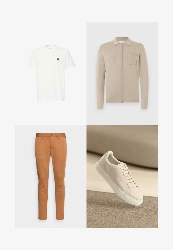 Cárdigan beige con cremallera, de manga larga, con cuello y bolsillo frontal. Fabricado en un suave material de punto, presenta una textura lisa y un diseño minimalista.; Camiseta de algodón blanca de manga corta, con un pequeño logo geométrico negro en el lado izquierdo del pecho. Corte recto y escote redondo.; Only & Sons ONSMARK SLIM GW 0209 PANT NOOS - Pantalones chinos - monks robe; Zapatilla de ante beige con suela y cordones blancos, mostrada flotando sobre una alfombra de textura beige contra un suave fondo beige.
