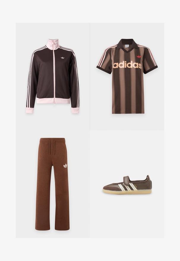 Dunkelbraune Jacke mit Reißverschluss, hellrosa Kragen, Bündchen, Saum und drei Streifen an den Ärmeln, mit kleinem Logo auf der Brust.; Braunes gestreiftes Adidas-Poloshirt mit V-Ausschnitt, bordeauxrotem Kragen und rotem Logo. Mit weißen und roten Schulterstreifen, kurzen Ärmeln.; Braune Sweatpants aus weichem Stoff mit lockerem Schnitt, ausgestattet mit einem elastischen Bund, einem Kordelzug und einem weißen Logo am linken Oberschenkel.; Brauner Sneaker mit beiger Gummisohle, drei weißen Streifen an der Seite und einem einzelnen Klettverschluss oben.