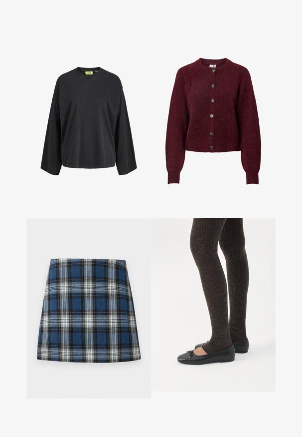 Bordeaux wollen cardigan met ronde hals en zes zwarte knopen aan de voorkant, met lange mouwen en geribde manchetten en onderrand.; Zwart shirt met lange mouwen, ronde hals, een losse pasvorm en een geel merklipje aan de binnenkant van de kraag.; Blauwe geruite rok met een gevarieerd ruitpatroon in blauw, zwart en wit. Gemaakt van een textuurstof met een aansluitende pasvorm.; Benen met donkere geribbelde leggings gecombineerd met zwarte ballerina's met kleine strikdetails op een witte achtergrond.