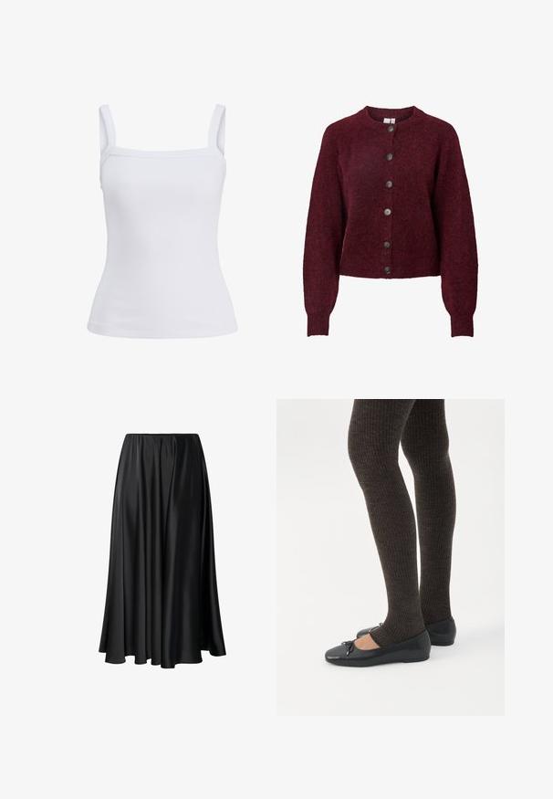 Bordeaux wollen cardigan met ronde hals en zes zwarte knopen aan de voorkant, met lange mouwen en geribde manchetten en onderrand.; Witte geribde tanktop met brede schouderbandjes en een rechte halslijn, weergegeven op een effen achtergrond.; Zwarte maxi rok van gladde stof, met een elastische tailleband, een volle silhouet en een vloeiende zoom zonder zichtbare patronen of details.; Benen met donkere geribbelde leggings gecombineerd met zwarte ballerina's met kleine strikdetails op een witte achtergrond.