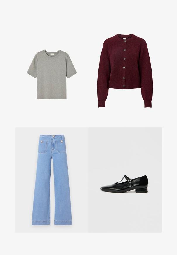 Bordeaux wollen cardigan met ronde hals en zes zwarte knopen aan de voorkant, met lange mouwen en geribde manchetten en onderrand.; Grijze T-shirt met korte mouwen, gemaakt van zachte katoen, met een ronde hals en een ontspannen pasvorm zonder opvallende patronen of accenten.; Lichtblauwe wijde jeans met hoge taille, twee achterzakken en gouden knopen. Gemaakt van denim met een gladde textuur en een nette afwerking.; Zwarte leren Mary Jane schoenen met een puntige neus, een kleine blokhak en een verstelbare riem met een zilveren gesp. Gladde, glanzende textuur.