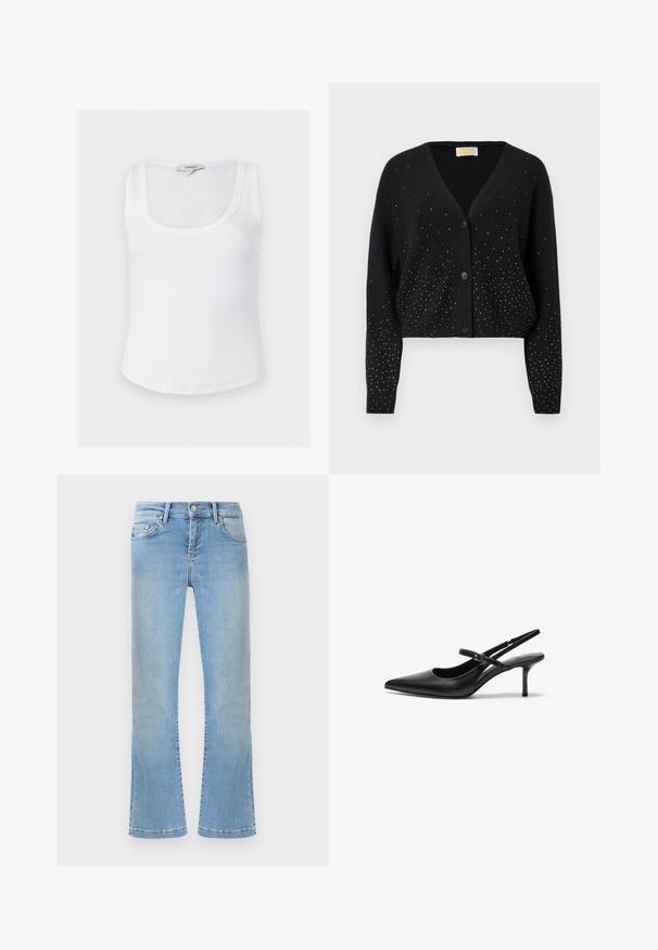 Gilet noir à côtes avec décolleté en V, trois boutons et petites clous en argent dispersés sur le devant et les manches pour un effet scintillant.; Débardeur blanc côtelé sans manches avec encolure dégagée et étiquette Topshop à l'arrière du col intérieur, présenté sur un fond uni.; Jean en denim bleu clair avec un léger effet usé sur les cuisses, design classique à cinq poches, fermeture à bouton, et coupe droite.; Talons aiguilles noires en cuir avec un bout pointu, une fine bride réglable, et un talon aiguille d'environ 5 cm, texture lisse.