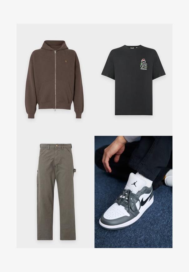 Brun zip-up hættejakke med en frontlomme, hætte og ribbede manchetter. Har et lille broderet design på venstre brystområde.; Sort bomulds-t-shirt med en tegneserie bjørnegrafik iført en julehat og ordet "VISIONARY" i hvidt, placeret på venstre brystområde.; Cargo bukser i mørkegrå bomuld med lige ben, der har sidelommer og en knaplukning i taljen. Glat tekstur, minimal detaljer.; Nike Air Jordan 1 sneakers i hvidt og grå læder, med et sort logo, perforeret tå og flade grå snørebånd.