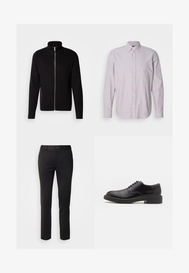 Lindbergh ZIP CARDIGAN - Gilet - black; Chemise à manches longues en coton, rayée violet clair et blanc, avec un col boutonné, des boutons jaunes et des fentes sur les côtés.; Pantalons noirs en tissu lisse, avec une coupe droite, fermeture à bouton à l'avant et passants de ceinture, présentés sur un fond blanc.; Chaussure noire en cuir à lacets avec un embout arrondi, texture lisse, piqures minimales et un petit talon en caoutchouc. Logo sur le talon.
