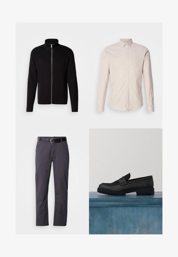 Lindbergh ZIP CARDIGAN - Vest - black; Lichtbeige lange mouwen shirt met een knoopsluiting, gemaakt van een gestructureerde stof, met een knopsluiting aan de voorkant en zonder zichtbare patronen.; Zwarte katoenen broek met een rechte snit, voorzien van twee voorke pockets en een riem. De stof heeft een gladde textuur en een matte afwerking.; Zwarte leren instapschoen met een textuuraccent van stof, een stevige rubberen zool en een gladde afwerking. Voorzien van subtiele stikseldetails.