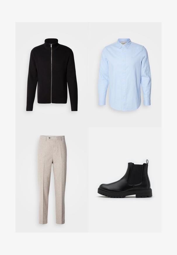 Lindbergh ZIP CARDIGAN - Cardigan - black; Lys blå langærmet skjorte med knap, knap-ned krave, hvide knapper og subtilt broderet logo på venstre bryst.; Lys beige uldslynger med en glat tekstur, lige snit, frontfolder og en enkelt knaplukning i taljen.; Zign LEATHER - Støvletter - black