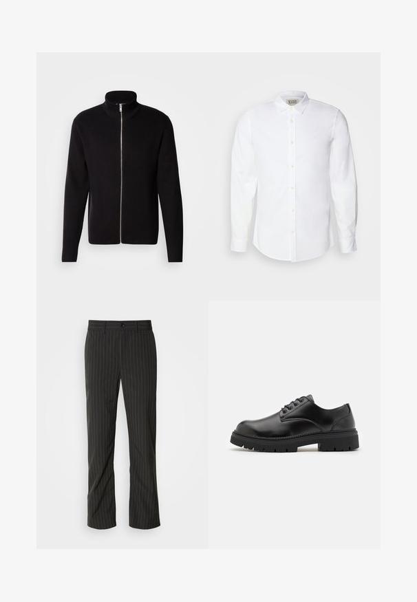 Lindbergh ZIP CARDIGAN - Chaqueta de punto - black; Camisa blanca de botón hecha de algodón con cuello clásico, mangas largas y bordado sutil en el lado izquierdo del pecho. Presenta botones beige.; Pantalones de rayas negras con corte recto. Presentan una textura suave, cierre frontal con botón y pasadores para cinturón.; Zapatos de cuero negro con punta redondeada, diseño con cordones y una suela de goma gruesa y texturizada. Presentan costuras a lo largo del borde y un acabado suave.
