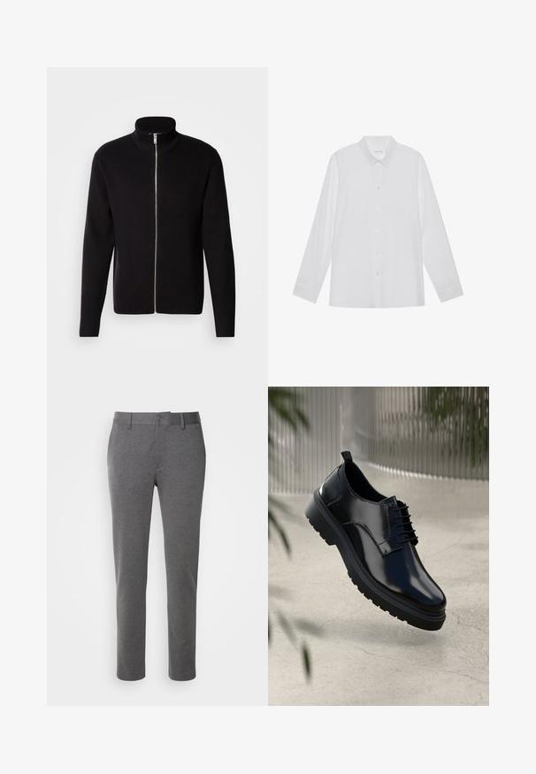 Lindbergh ZIP CARDIGAN - Chaqueta de punto - black; Camisa blanca de manga larga hecha de tela suave, con cuello puntiagudo, cierre frontal de botones y puños de un solo botón.; Pantalones grises a medida hechos de una tela suave, con una textura lisa, bolsillos delanteros y cierre de un solo botón en la cintura.; Zapato de cuero negro con un acabado brillante, puntera redonda, diseño de cordones, costuras de contraste y una suela de goma gruesa con patrones de tracción.