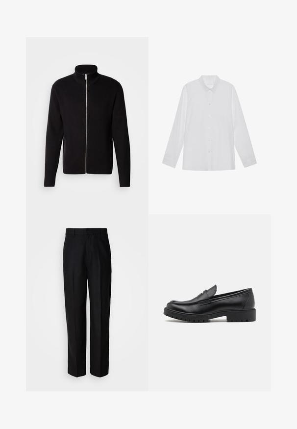 Lindbergh ZIP CARDIGAN - Neuletakki - black; Valkoinen pitkähihaisen paita, valmistettu sileästä kankaasta, jossa on terävä kaulus, etupainonappi kiinnitys ja yksinappi hihansuut.; Mustat housut, jotka on valmistettu sileästä kankaasta ja joissa on suora lahje, litteä etuosa ja vyölenkit, esiteltyinä yksinkertaista taustaa vasten.; Mustat nahkakengät, joissa on pyöreä varvas, kenkien helposti liukuvat mallit ja paksu kumipohja, jossa on teksturoitu pito. Korotettu kanta ja hillityt ompeluyksityiskohdat.