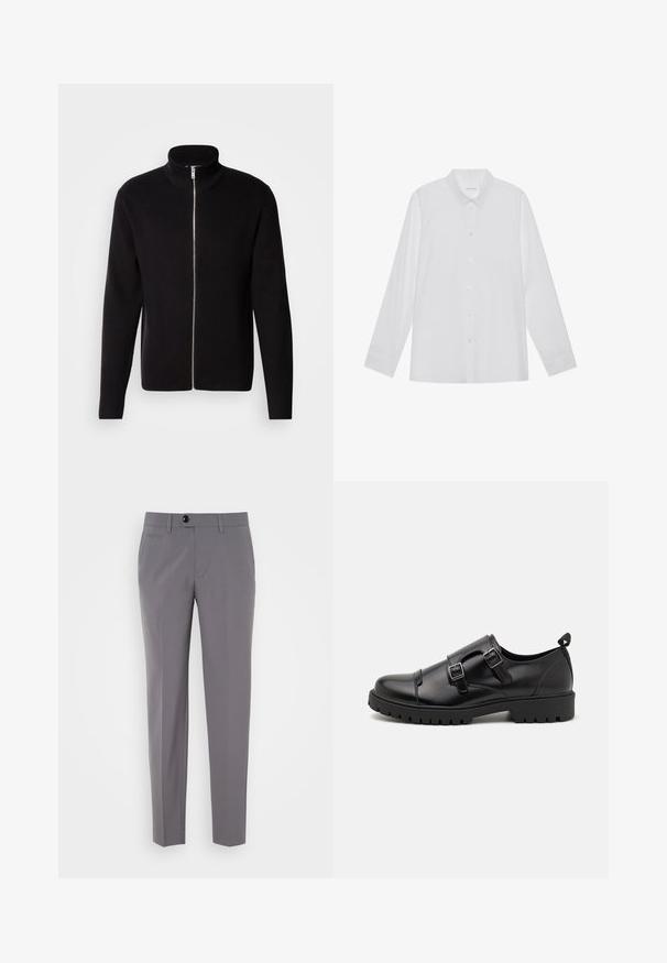 Lindbergh ZIP CARDIGAN - Chaqueta de punto - black; Camisa blanca de manga larga hecha de tela suave, con cuello puntiagudo, cierre frontal de botones y puños de un solo botón.; Pantalones grises a medida con una textura suave, diseño de pierna recta, cierre de un solo botón y bolsillos frontales. Sin patrones ni acentos visibles.; Pier One by Zalando Mocasines elegantes - black