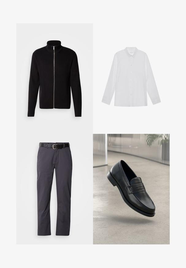 Lindbergh ZIP CARDIGAN - Chaqueta de punto - black; Camisa blanca de manga larga hecha de tela suave, con cuello puntiagudo, cierre frontal de botones y puños de un solo botón.; Pantalones de algodón negros de corte recto, con dos bolsillos delanteros y un cinturón. La tela tiene una textura suave y un acabado mate.; Mocasín de cuero negro con textura suave, punta puntiaguda y una correa decorativa a lo largo del empeine. Suela ligera, diseño minimalista.