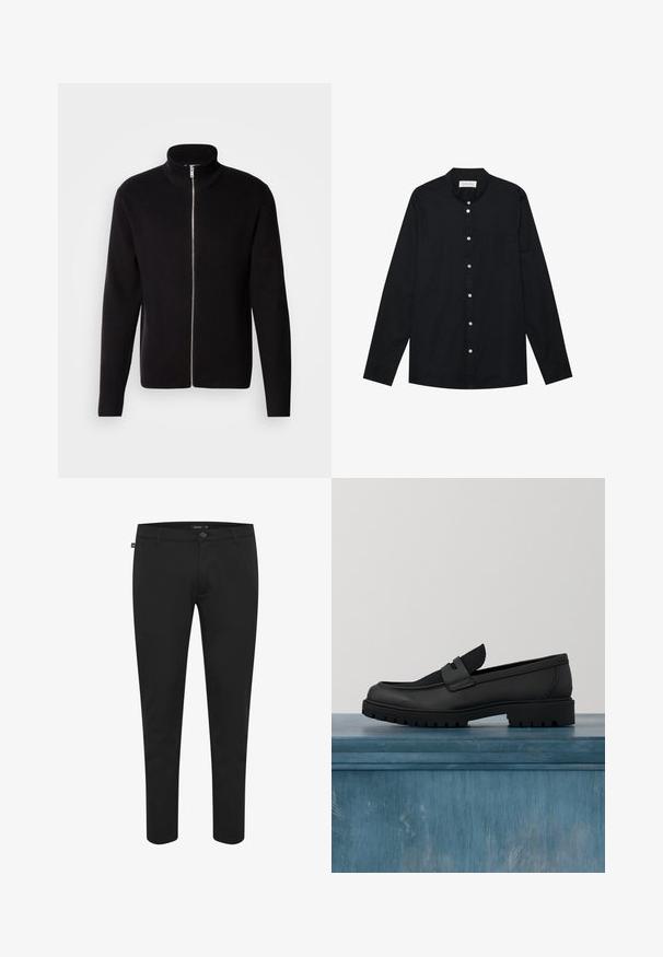 Lindbergh ZIP CARDIGAN - Chaqueta de punto - black; Camisa negra de manga larga de algodón con cuello redondo, cierre frontal con botones, un bolsillo en el pecho y puños en las mangas.; Pantalones negros de tela suave. Cuentan con un cierre de botón, pasadores para cinturón y un diseño ajustado con perneras estrechas. Sin patrones visibles.; Zapato negro de cuero tipo slip-on con un detalle de tela texturizada, suela de goma resistente y acabado suave. Presenta un detalle sutil de costuras.