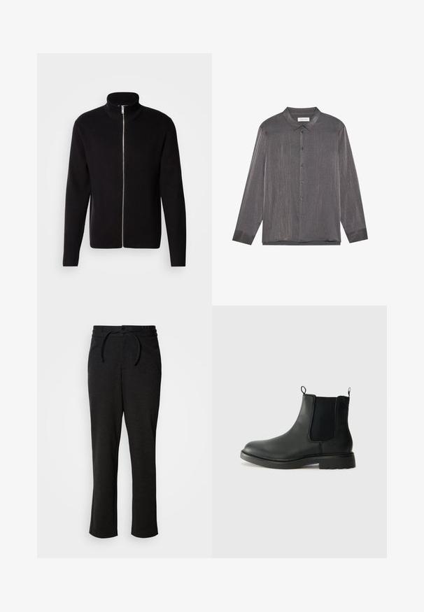 Lindbergh ZIP CARDIGAN - Gilet - black; Chemise à manches longues, de couleur gris foncé, avec un tissu lisse et brillant, présentant un motif texturé subtil et un col classique.; Pantalons en tricot noirs avec un waistband à cordon de serrage, coupe droite et poches latérales. Texture douce avec une finition lisse.; Bottines Chelsea en cuir noir avec des panneaux élastiques sur les côtés, des languettes de tirage, un bout arrondi et une semelle en caoutchouc texturée. Surface lisse et design robuste.