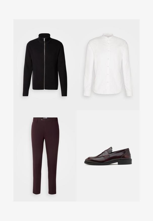 Lindbergh ZIP CARDIGAN - Cardigan - black; Hvid, langærmet skjorte med kinesisk krave og frontlukning. Lavet af bomuld, med en glat tekstur og knaplukninger.; Mørkeburgunder bukser med slim fit, der har knaplukning, bæltestropper og frontfolder. Glat stof med et glat design.; Bordeaux læder loafers med en glat finish, rektangulær frontdetalje og en afrundet tå, med en sort gummisål.