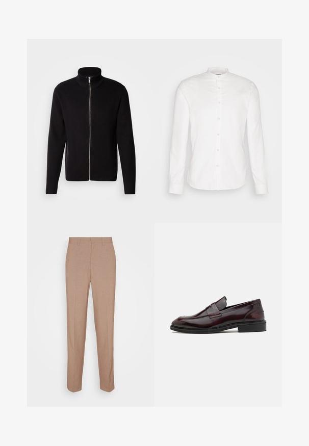 Lindbergh ZIP CARDIGAN - Cardigan - black; Hvid, langærmet skjorte med kinesisk krave og frontlukning. Lavet af bomuld, med en glat tekstur og knaplukninger.; Beige skræddersyede bukser i en glat, struktureret stof. Straight fit med en linning og uden synlige pyntedetaljer eller lommer.; Bordeaux læder loafers med en glat finish, rektangulær frontdetalje og en afrundet tå, med en sort gummisål.