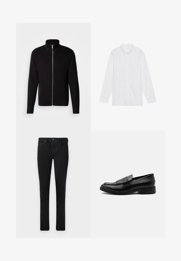 Lindbergh ZIP CARDIGAN - Kardigan - black; Valge nööpidega särk, millel on peened mustad vertikaalsed triibud, klassikalise kraega ja pikkade varrukatega, millel on nööpidega mansetid.; Tumedad teksased pükstest slim-fit lõikega, viie taskuga disain ja metallnupukinnitus. Sile tekstuur ja ühtlane värv üle kogu pinnale.; Meeste mustast nahast loafer tassliga, ümar nina, madal konts ja sile poleeritud viimistlus, näidatud poolelt valgel taustal.