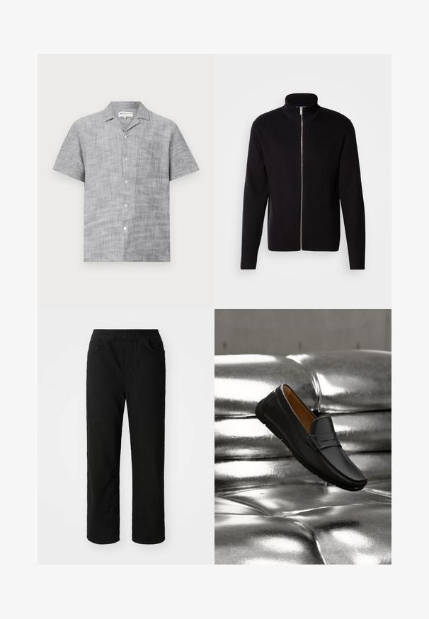 Lindbergh ZIP CARDIGAN - Cardigan - black; Kortærmet grå skjorte med knapper, lavet af tekstureret stof, med krave og lille forlomme. Har lyse knapper.; Sorte bomuldsbukser med en afslappet pasform, elastisk talje, to frontlommer og lige ben. Glat tekstur uden synlige mønstre.; Sort læderloafer, der svæver over en skinnende sølvfarvet tuftet lædersofa med blød belysning.