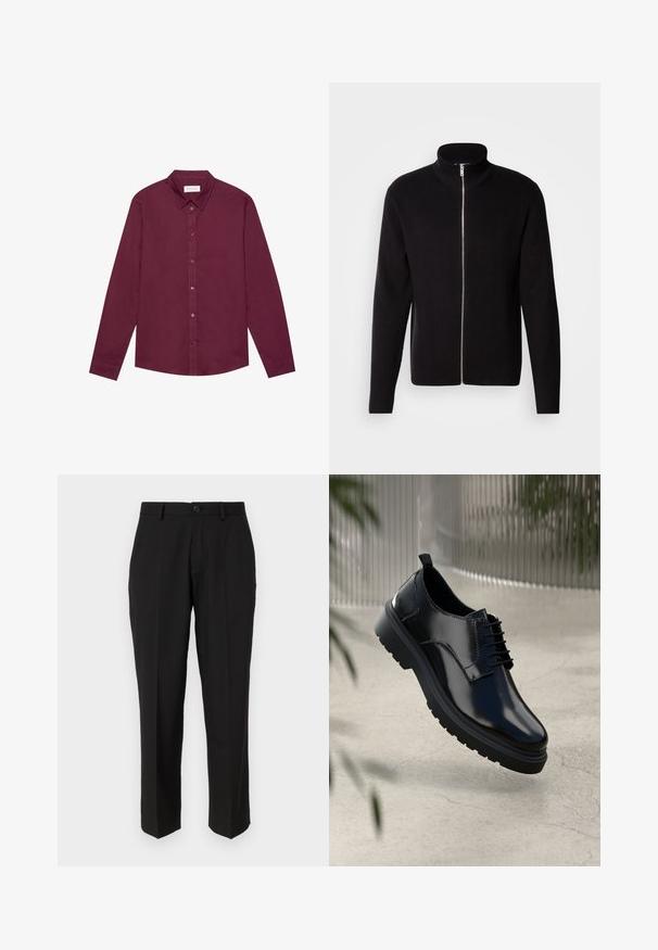 Lindbergh ZIP CARDIGAN - Cardigan - black; Langærmet skjorte i dyb bourgogne, lavet af bomuldsblanding. Har klassisk krave, frontknaplukning og en subtil glans.; Sorte bukser lavet af glat stof, med lige ben design, forlommer, en enkelt knaplukning, og uden synlige mønstre.; Sorte lædersko med en blank overflade, rund tå, snøredesign, kontrastsyninger og en tyk gummisål med mønster.
