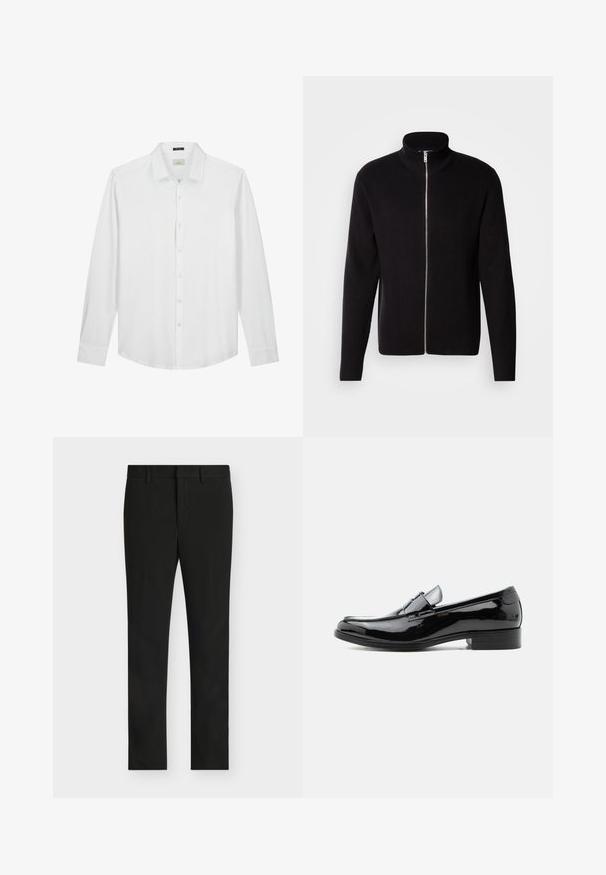Lindbergh ZIP CARDIGAN - Cardigan - black; Hvid langærmet skjorte, knapned krave, blød tekstur, glat stof, diskret logo på brystet og klassisk pasform med buet kant.; Sorte slim fit bukser med bæltestropper, foran lynlås og fladt frontparti, vist på en lys grå baggrund.; Sort herre loafer i laklæder med lav hæl, rundet tå og remdetalje over vristen på hvid baggrund.