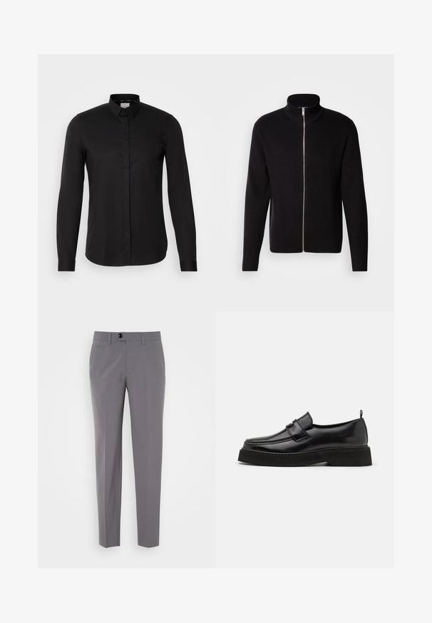Lindbergh ZIP CARDIGAN - Chaqueta de punto - black; Camisa negra de manga larga hecha de tejido suave, con cuello tipo button-down, tapeta frontal y un sutil detalle del logo en el pecho.; Pantalones grises a medida con una textura suave, diseño de pierna recta, cierre de un solo botón y bolsillos frontales. Sin patrones ni acentos visibles.; Zapatos estilo mocasín de cuero negro con suela plana y texturizada, con puntera cosida y una correa a lo largo del empeine.