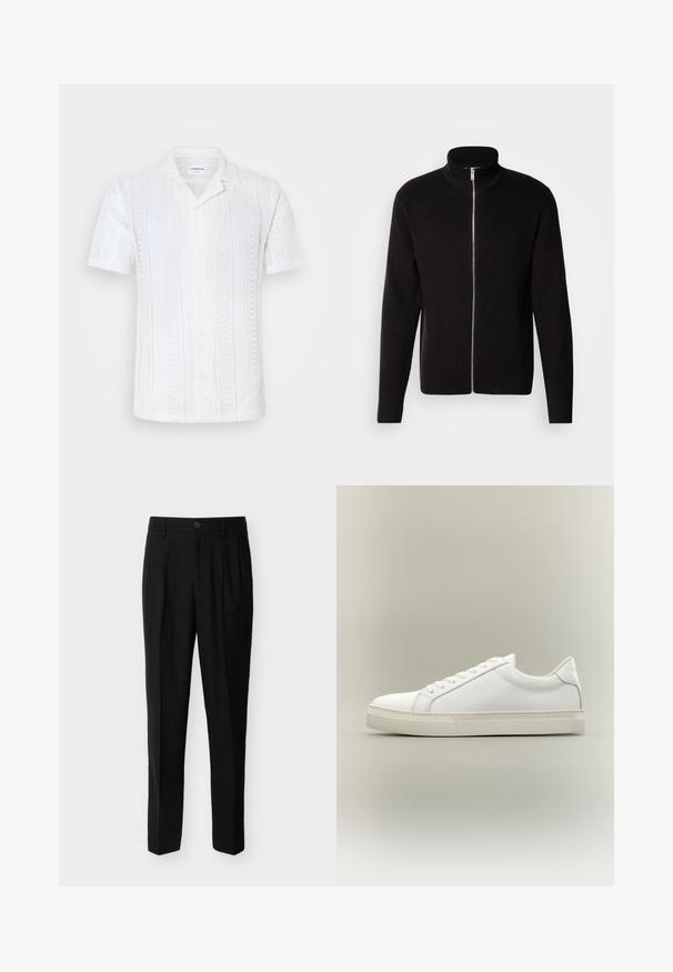 Lindbergh ZIP CARDIGAN - Cardigan - black; Hvid kortærmet skjorte lavet af tekstureret strikket stof. Har en camp-krave, knaplukning og lodrette striber.; Sorte, skræddersyede bukser med høj talje, bæltestropper, forreste læg, sidelommer samt knap- og lynlåslukning.; Hvid lavtop sneaker med snørebånd foran og tyk sål, vist fra siden mod en neutral baggrund.