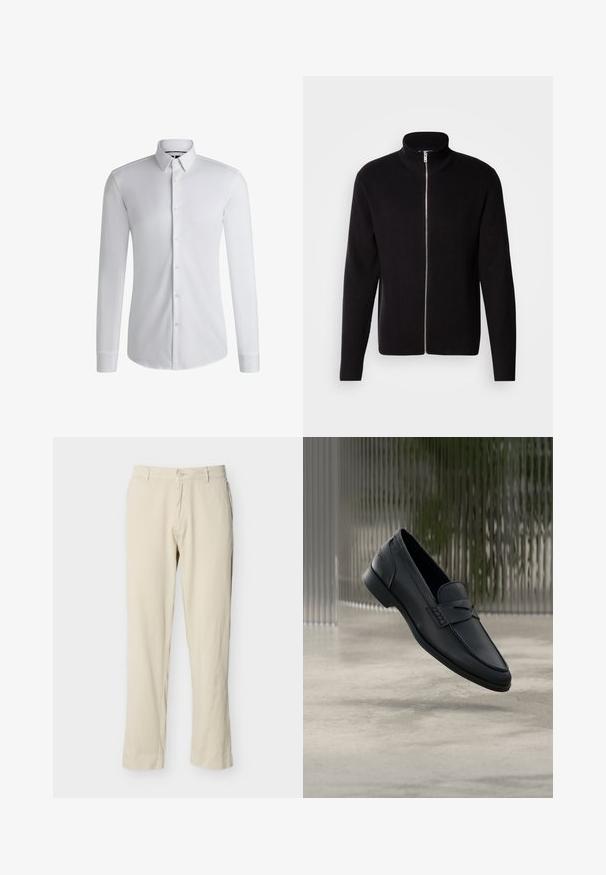 Lindbergh ZIP CARDIGAN - Kardigán - black; Dlhý rukáv bielej košele vyrobenej z hladkej tkaniny, so zapínaním na gombíky a radom gombíkov vpredu. Jednoduchý dizajn.; Béžové nohavice so zúženými rovnými nohavicami, s pútkami na opasok, zapínaním na gombíky a prednými vreckami, zobrazené na bielom pozadí.; Čierne kožené mokasíny s hladkým povrchom, špicatou špičkou a prešívaným detailom na priehlavku. Nízky podpätok a minimalistický dizajn.