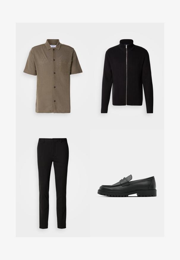 Lindbergh ZIP CARDIGAN - Kardigan - black; Lühikeste varrukatega oliivroheline särk, mis on valmistatud võrkkangast. Sellel on nööpidega esitasku ja lõõgastav istuvus.; Mustad püksid slim fit lõikega, nööbiga kinnitatavad ja vöörihmadega. Valmistatud siledast kangast, millel on kerge läige, ilma nähtavate mustriteta.; Mustad musta nahast loafers, millel on ümar varvas, tikandiga disain, madal platvorm-soon ja tekstureeritud, soonikkummist välistald.