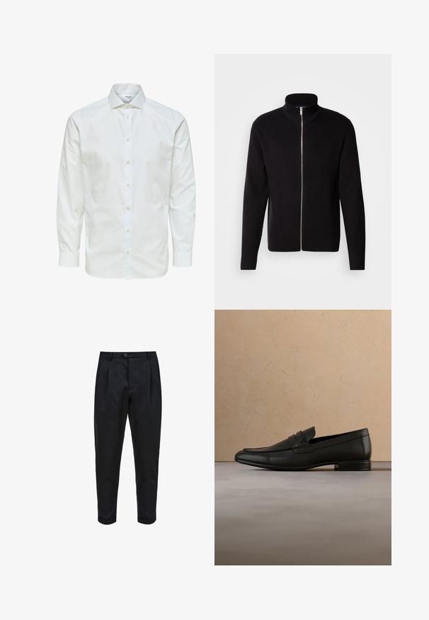 Lindbergh ZIP CARDIGAN - Strickjacke - black; Weißes Hemd mit langen Ärmeln, durchgeknöpft vorne und spitzem Kragen, vor weißem Hintergrund dargestellt.; Schwarze Hose aus einem glatten Stoff, mit einem gefalteten Vorderteil, schmalem Schnitt und umgeschlagenen Säumen. Einfache Knopfverschluss an der Taille.; Schwarzer Lederloafer schwebt über einem beigen Teppich mit beigem Sofa in einem minimalistischen Innenraum.