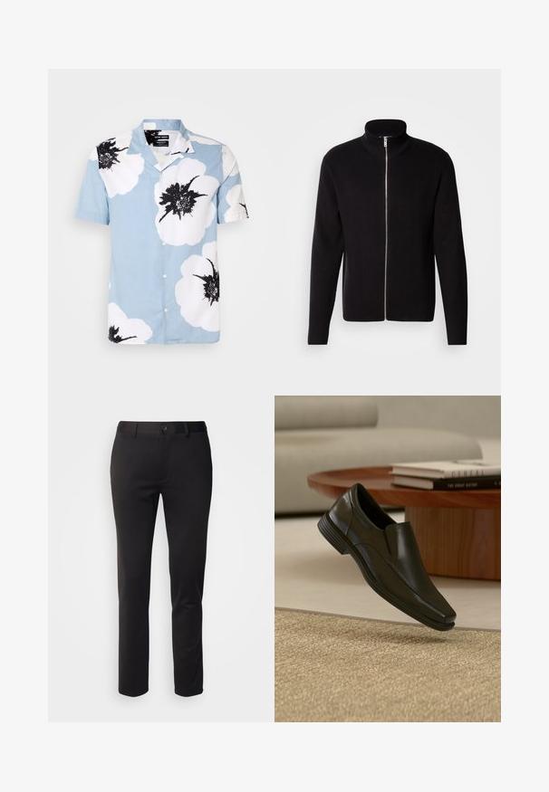 Lindbergh ZIP CARDIGAN - Neuletakki - black; Vaaleansinisestä kankaasta valmistettu lyhythihainen napitettava paita, jossa on suuria valkoisia kukkia mustilla yksityiskohdilla. Paidassa on leirikaulus ja rento istuvuus.; Mustat housut, jotka on valmistettu sileästä kankaasta, suoran lahkeiden suunnittelulla, edessä nappisuljenta ja vyölenkit, esillä valkoisella taustalla.; Musta nahkainen slip-on -juhlakengät leijuu beigen kudotun maton yläpuolella, taustalla pyöreä puinen sohvapöytä ja pinotut kirjat.