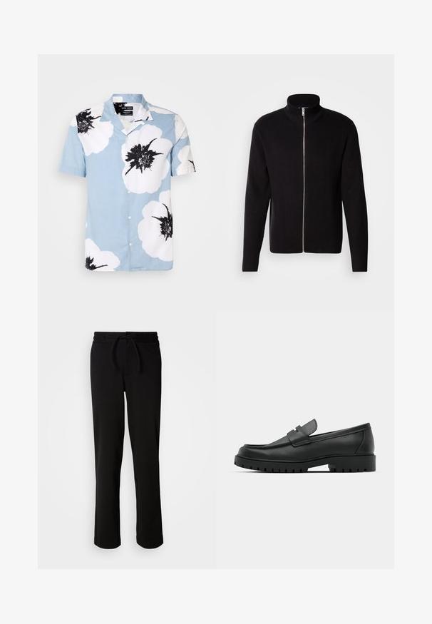 Lindbergh ZIP CARDIGAN - Strickjacke - black; Kurzarm-Hemd aus leichtblauem Stoff mit großen weißen Blumen und schwarzen Akzenten. Mit einem Camp-Kragen und lässiger Passform.; Schwarze Jogginghosen mit einem Kordelzugbund, hergestellt aus weichem, elastischem Material. Sie haben einen lockeren Schnitt mit geraden Beinen und keine sichtbaren Taschen.; Schwarze Lederloafer mit runder Zehenform, ausgestattet mit einem gesteppten Design, niedrigem Plattformsohle und einer strukturierten, genoppten Gummisohle.