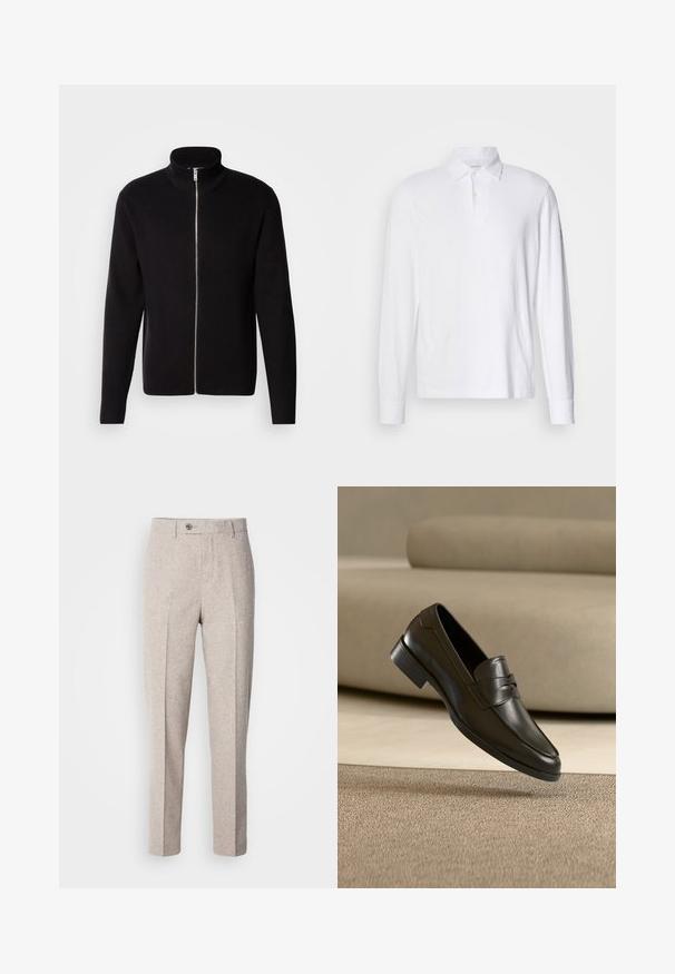 Lindbergh ZIP CARDIGAN - Chaqueta de punto - black; Polo de manga larga blanca con cuello y dos botones, exhibido sobre un fondo gris claro.; Pantalones de lana beige claro con una textura suave, corte recto, pliegues en la parte frontal y un cierre de botón único en la cinturilla.; Zapato mocasín de cuero negro flotando sobre una alfombra beige con un sofá beige en el fondo, mostrando el diseño clásico para hombres sin cordones.