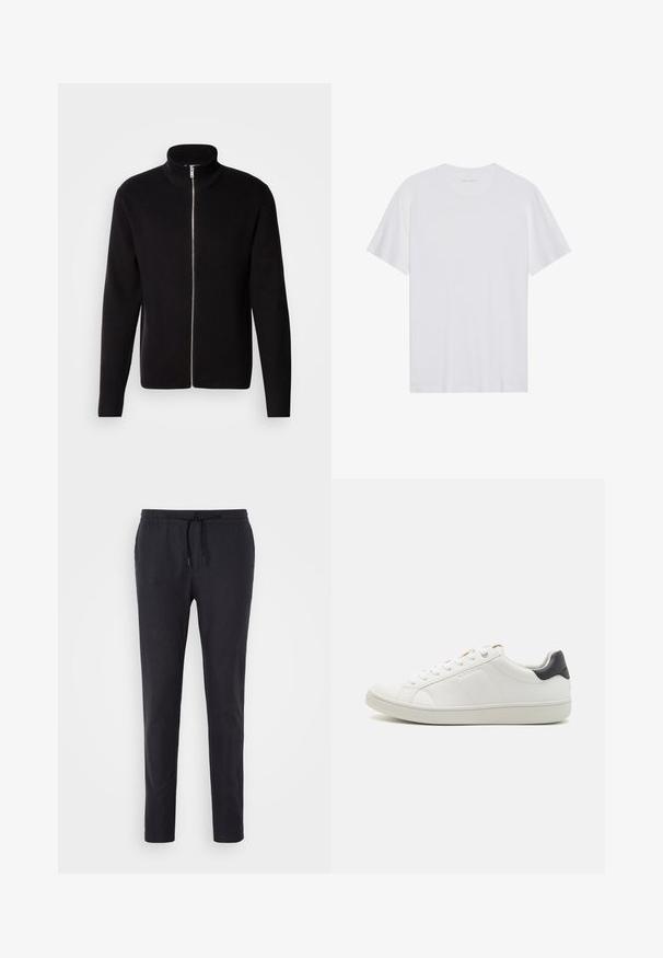 Lindbergh ZIP CARDIGAN - Neuletakki - black; Valkoinen puuvillainen T-paita, jossa on lyhyet hihat, pyöreä kaula-aukko ja sileä pinta. Kaula-aukossa on minimaalista brändäystä.; Musta housut, joissa on nyörivyötärö, kapeahko istuvuus, sileä pinta ja joustavat lahkeensuut. Valmistettu kevyestä kankaasta.; Valkoinen nahkakenkä, jossa on pyöreä kärki, litteä kumipohja, sivusaumadetaileja ja tumman kontrastivärin kantapääkorostus. Nylon nauhat metallisilla rei'illä.