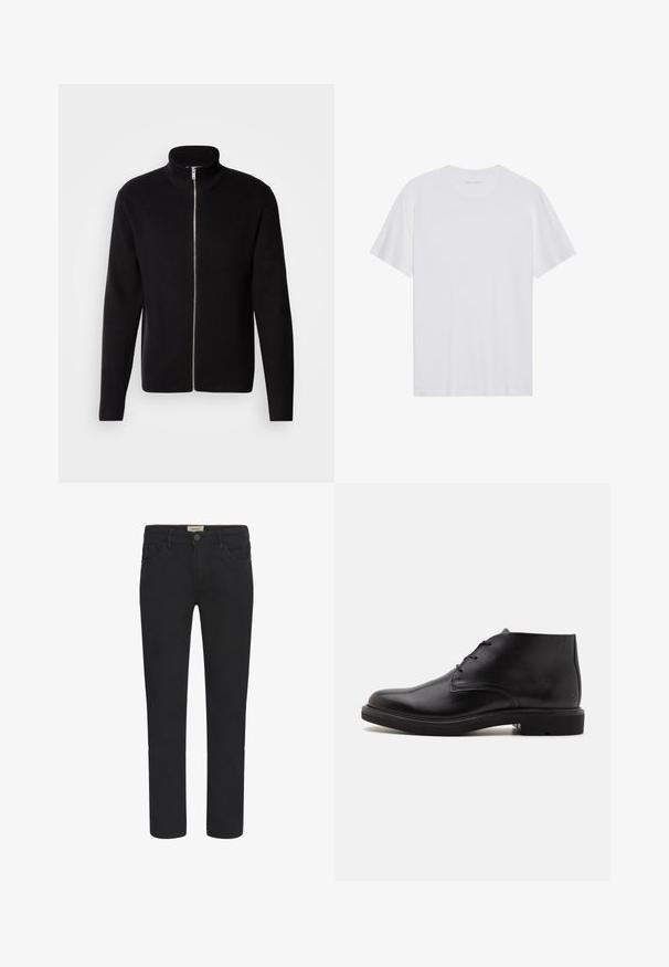 Lindbergh ZIP CARDIGAN - Cardigan - black; Hvid bomulds T-shirt med korte ærmer, rund hals og en glat tekstur. Har minimal branding på halsudskæringen.; Sorte denimjeans med lige pasform, fem-lomme design og knaplukning foran. Glat tekstur med subtile syninger.; Sort læderankelstøvle med tre snørehuller, rundet tå og flad sål på en ensfarvet lys baggrund.