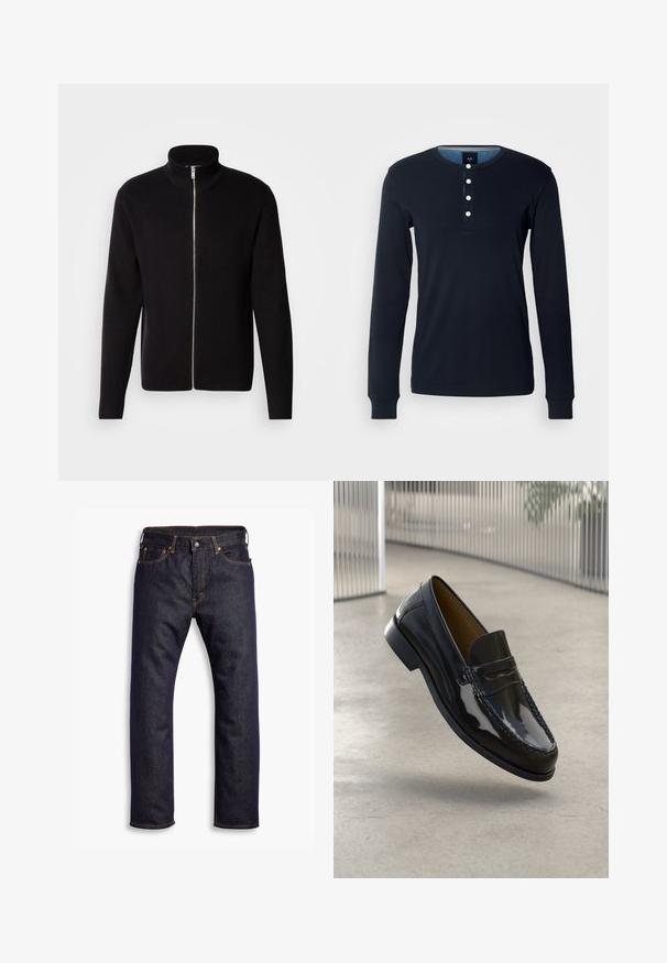 Lindbergh ZIP CARDIGAN - Strickjacke - black; Dunkelblaues Langarmshirt aus Baumwolle mit einem Henley-Ausschnitt, ausgestattet mit fünf weißen Knöpfen und gerippten Bündchen. Weiche Textur und figurbetontes Design.; Dunkelblaue gerade geschnittene Jeans aus Denim mit fünf Taschen und orangefarbenen Kontrastnähten, flach auf einem weißen Hintergrund ausgelegt.; Schwarze Lacklederloafers mit einer gestickten Akzentuierung, runder Zehenpartie, niedrigem Absatz und glatter Oberfläche, vor einem neutralen Hintergrund präsentiert.