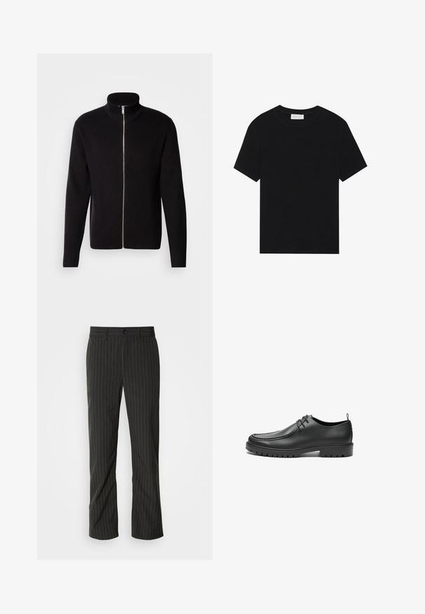 Lindbergh ZIP CARDIGAN - Cardigan - black; Sort kortærmet T-shirt lavet af ribbet stof, med en rund halsudskæring og en simpel, boksformet silhuet.; Sorte skræddersyede bukser med lige snit. Har en glat tekstur, frontlukning med knap og bæltestropper.; Sorte lædersko med en glat overflade, rund tå og dekorativ stikning. Har en gummisål med skridsikre spor og snørebåndsdesign.
