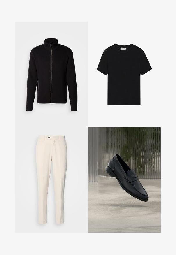 Lindbergh ZIP CARDIGAN - Strickjacke - black; Schwarzes T-Shirt mit kurzen Ärmeln aus geripptem Stoff, mit Rundhalsausschnitt und einer schlichten, kastigen Silhouette.; Beige maßgeschneiderte Hosen mit flacher Vorderseite, Ein-Knopf-Verschluss und zwei schrägen Seitentaschen. Glattes Material mit schmaler Passform und spitz zulaufendem Bein.; Schwarzer Lederloafer mit glatter Oberfläche, spitzer Zehenpartie und gestickten Details über dem Spann. Niedriger Absatz und minimalistisches Design.