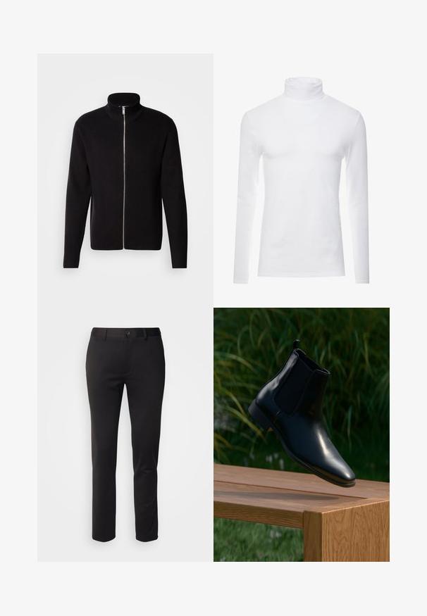 Lindbergh ZIP CARDIGAN - Kardigán - black; Biele tričko s dlhým rukávom a rolákovým golierom, vyrobené z mäkkej, elastickej látky. Obsahuje vysoký golier a priliehavý strih, ktorý poskytuje štíhly siluetu.; Čierne nohavice vyrobené z hladkej látky, s rovnými nohavicami, predným zapínaním na gombík a pútkami na opasok, vystavené na bielom pozadí.; Čierne kožené Chelsea topánky sa vznášajú nad drevenou lavicou s trávou a rastlinami v pozadí.